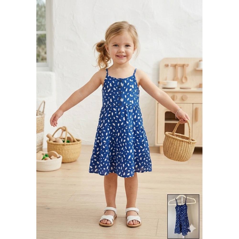 Reformation Kids Blue White Abstract Print Tiered Mini Dress Size 3Y Sustainable